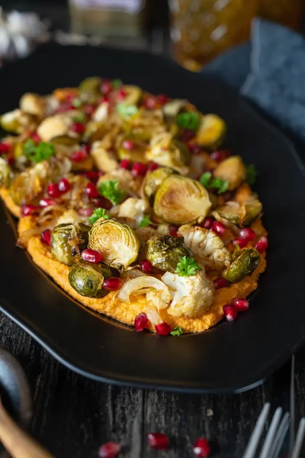 roasted Brussels sprouts on hummus